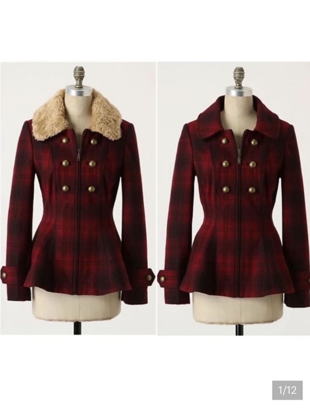 Anthropologie Red Plaid Peplum Coat with Removable Faux-Shearling Collar